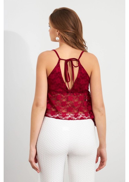 Kadın Bordo Askılı Dantel Crop Bluz MTK13458 indirimleri