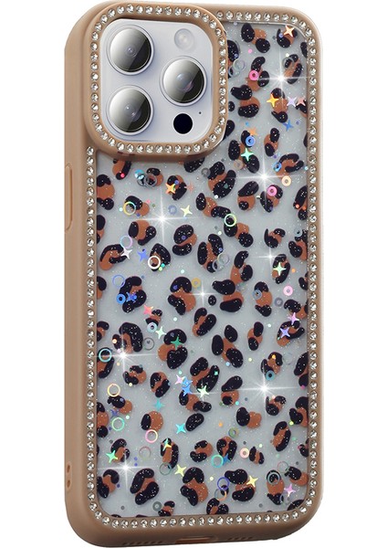 iPhone 15 Pro Max Uyumlu Kılıf Simli ve Taşlı Dizayn Azra Kapak Gold