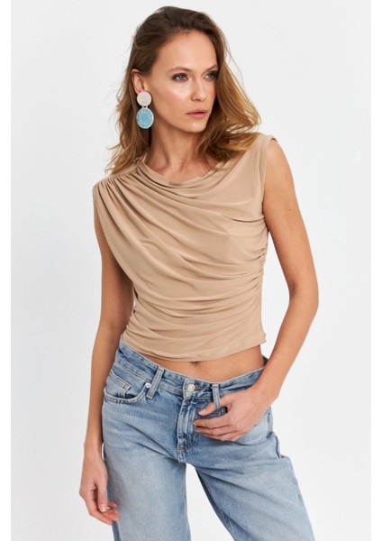 Kadın Camel Büzgülü Kolsuz Bluz LPP1205-90