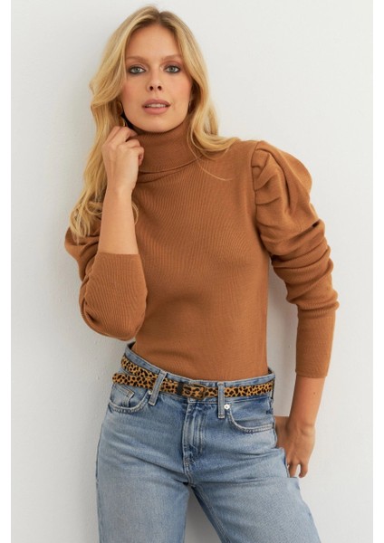 Kadın Camel Prenses Kol Balıkçı Yaka Triko Bluz SF2555