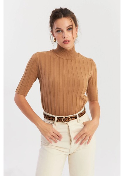 Kadın Camel Yarım Balıkçı Triko Bluz YV287