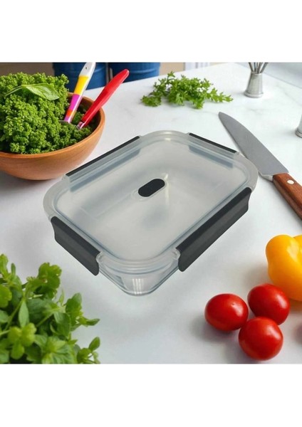 650 ml (170 mm x 120 Mm) Cam Saklama Kabı - Borosilikat Isıya Dayanıklı - Plastik Sızdırmaz Kapaklı Siyah