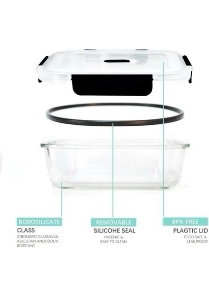 650 ml (170 mm x 120 Mm) Cam Saklama Kabı - Borosilikat Isıya Dayanıklı - Plastik Sızdırmaz Kapaklı Siyah