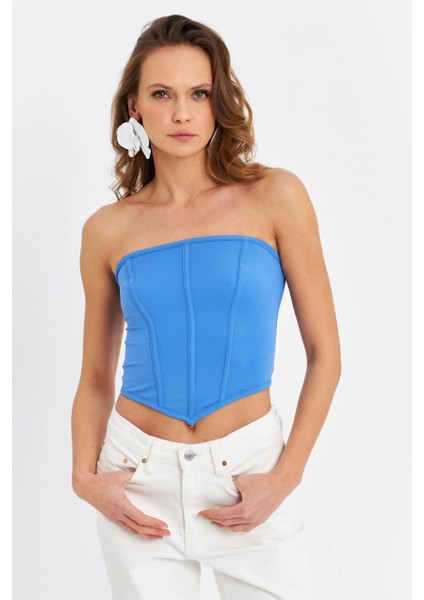 Kadın Mavi Straplez Crop Bluz B6081