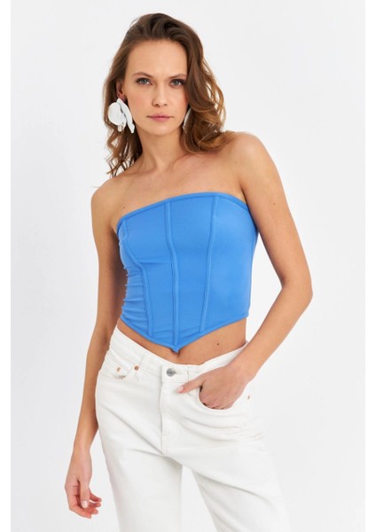 Kadın Mavi Straplez Crop Bluz B6081