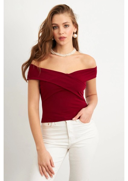 Kadın Bordo Madonna Yaka Crop Bluz VA101