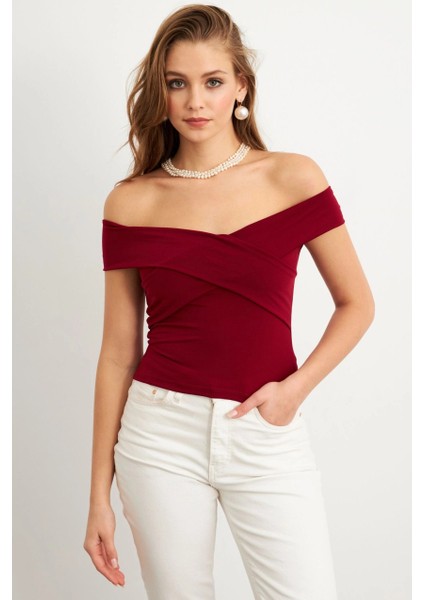 Kadın Bordo Madonna Yaka Crop Bluz VA101 fiyatları