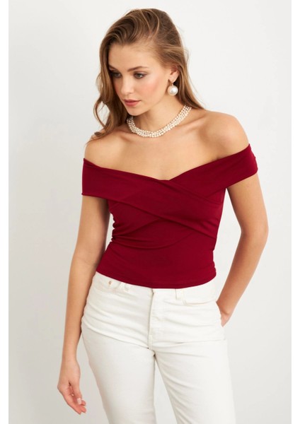 Kadın Bordo Madonna Yaka Crop Bluz VA101 modelleri