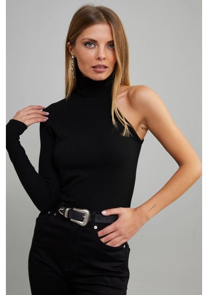 Kadın Siyah Balıkçı Yaka Tek Kol Kaşkorse Bluz EY1118