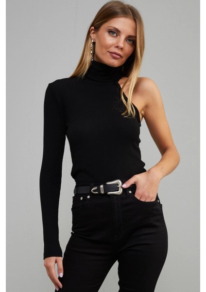 Kadın Siyah Balıkçı Yaka Tek Kol Kaşkorse Bluz EY1118 fiyatları