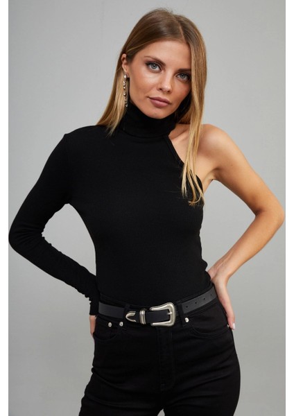 Kadın Siyah Balıkçı Yaka Tek Kol Kaşkorse Bluz EY1118 fırsatları