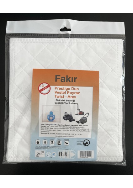 5 Adet Fakır Prestige Duo Vestel Poyraz Twist- Ares Elektrikli Süpürge Sentetik Toz Torbası