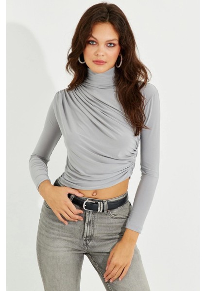 Kadın Gri Drapeli Bluz LPP1226 modelleri