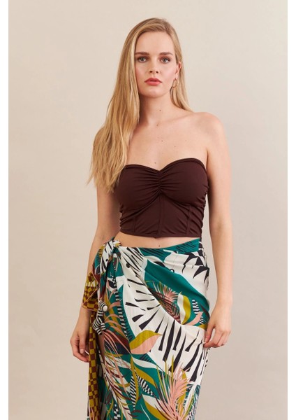 Kadın Kahverengi Korse Dikişli Crop Bluz AN6025