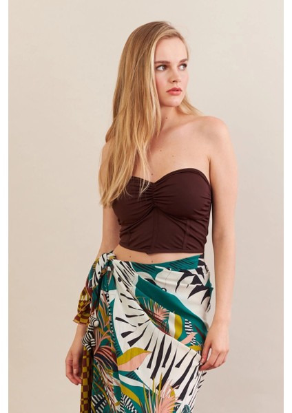Kadın Kahverengi Korse Dikişli Crop Bluz AN6025 modelleri