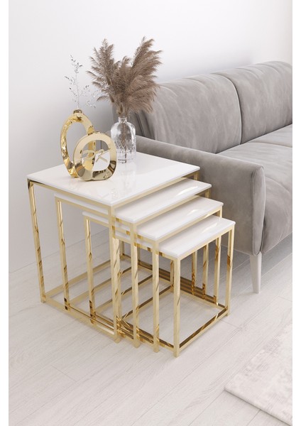 Duru 4'lü Kare Zigon Sehpa Seti Gold Ayak, Beyaz Mdf