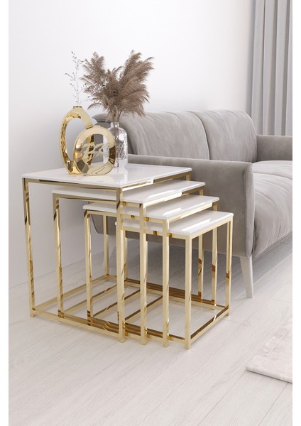 Duru 4'lü Kare Zigon Sehpa Seti Gold Ayak, Beyaz Mdf fiyatları