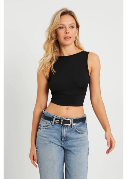 Kadın Sırt Bağlamalı Crop Bluz Siyah EY2733 modelleri