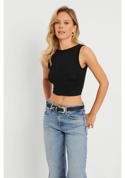 Kadın Sırt Bağlamalı Crop Bluz Siyah EY2733 fırsatları