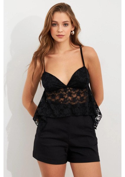 Kadın Siyah Askılı Dantel Crop Bluz MTK13458