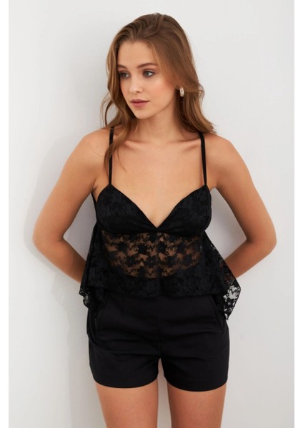 Kadın Siyah Askılı Dantel Crop Bluz MTK13458 fiyatları