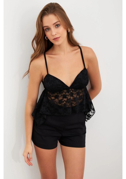 Kadın Siyah Askılı Dantel Crop Bluz MTK13458 modelleri