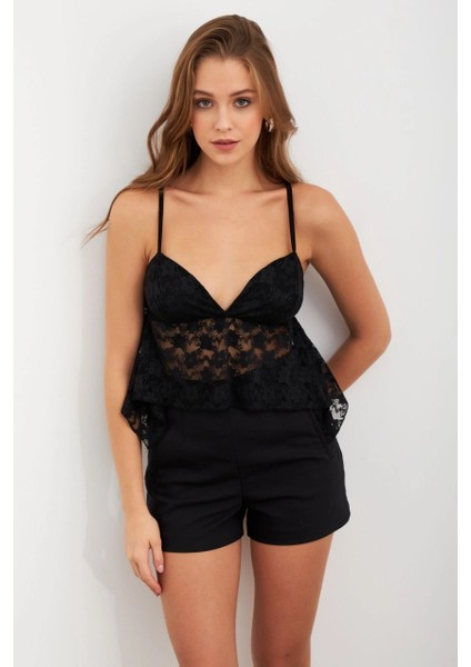 Kadın Siyah Askılı Dantel Crop Bluz MTK13458 fırsatları