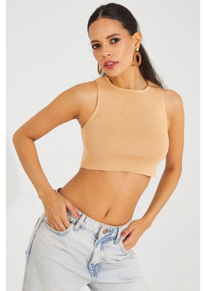 Kadın Camel Triko Crop Triko Bluz KZ2447 modelleri