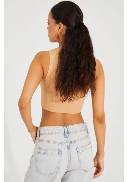 Kadın Camel Triko Crop Triko Bluz KZ2447 fırsatları