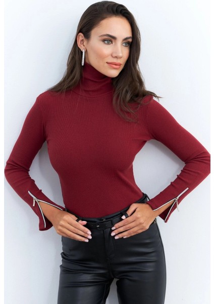 Kadın Bordo Kolları Fermuarlı Kaşkorse Balıkçı Bluz EY2567