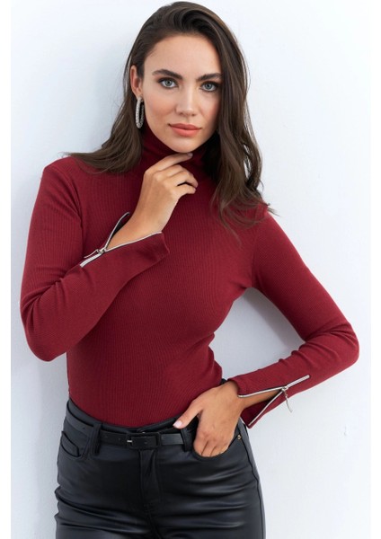 Kadın Bordo Kolları Fermuarlı Kaşkorse Balıkçı Bluz EY2567 fiyatları