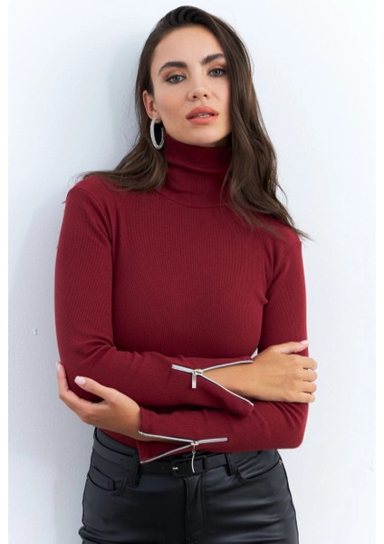 Kadın Bordo Kolları Fermuarlı Kaşkorse Balıkçı Bluz EY2567 modelleri