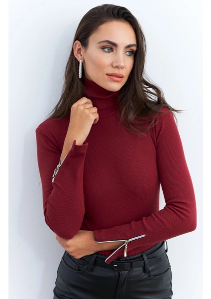 Kadın Bordo Kolları Fermuarlı Kaşkorse Balıkçı Bluz EY2567 fırsatları