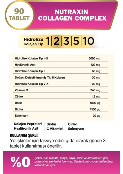 Collagen Complex Tip 1-2-3-5-10 3120 Mg 90 Tablet 3 Adet fiyatları