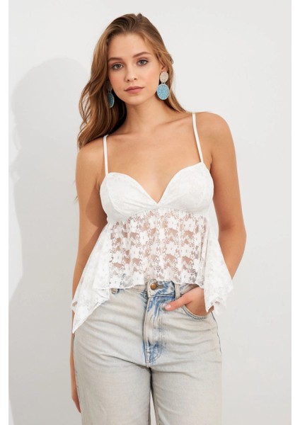 Kadın Beyaz Askılı Dantel Crop Bluz MTK13458