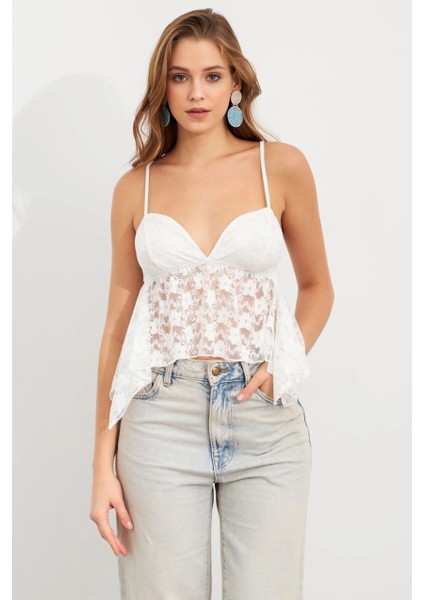 Kadın Beyaz Askılı Dantel Crop Bluz MTK13458 fiyatları