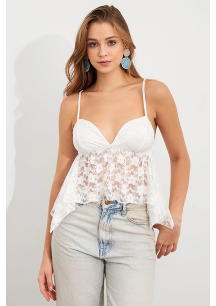 Kadın Beyaz Askılı Dantel Crop Bluz MTK13458 modelleri