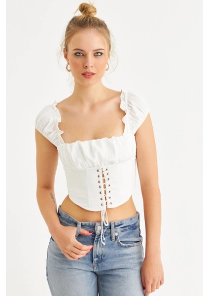 Kadın Ekru Kuş Gözlü Crop Bluz YEL221128 fiyatları