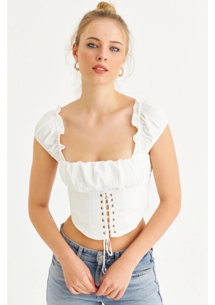 Kadın Ekru Kuş Gözlü Crop Bluz YEL221128 modelleri