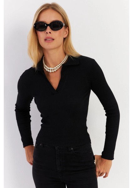 Kadın Siyah Polo Yaka Kaşkorse Bluz LON3006