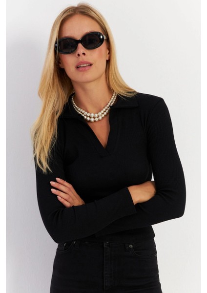 Kadın Siyah Polo Yaka Kaşkorse Bluz LON3006 fırsatları