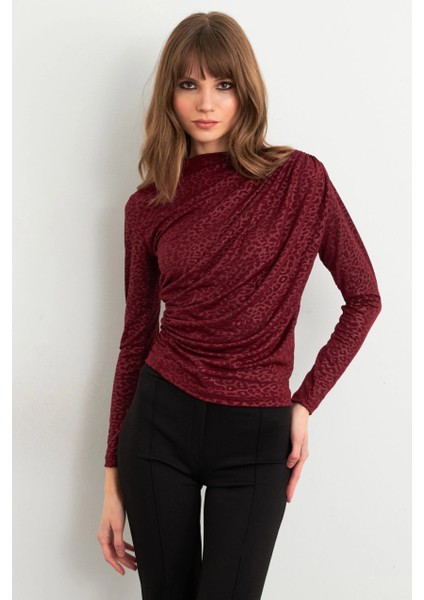 Kadın Bordo Desenli Büzgülü Bluz LPP1299