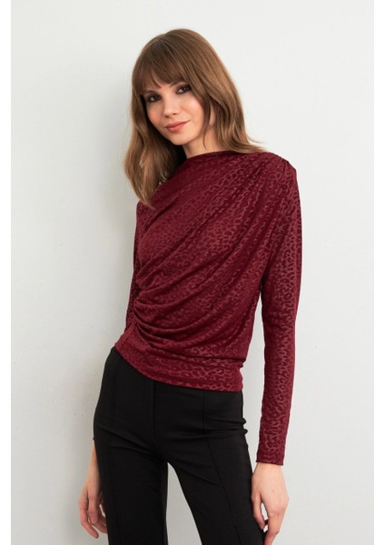 Kadın Bordo Desenli Büzgülü Bluz LPP1299 modelleri