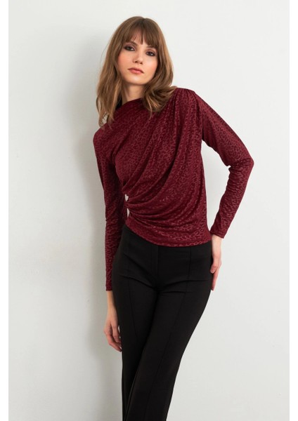 Kadın Bordo Desenli Büzgülü Bluz LPP1299 fırsatları
