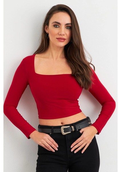 Kadın Bordo Kare Yaka Crop Bluz ELT2586