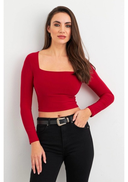 Kadın Bordo Kare Yaka Crop Bluz ELT2586 fiyatları
