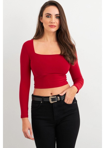 Kadın Bordo Kare Yaka Crop Bluz ELT2586 fırsatları