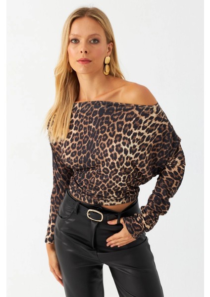 Kadın Camel-Siyah Kayık Yaka Leopar Bluz DMR382-1 fırsatları
