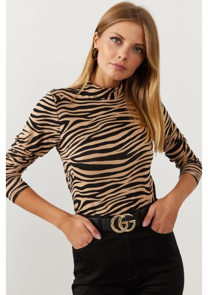 Kadın Camel-Siyah Yarım Balıkçı Zebra Desen Bluz LPP1133