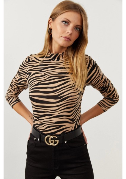 Kadın Camel-Siyah Yarım Balıkçı Zebra Desen Bluz LPP1133 fiyatları